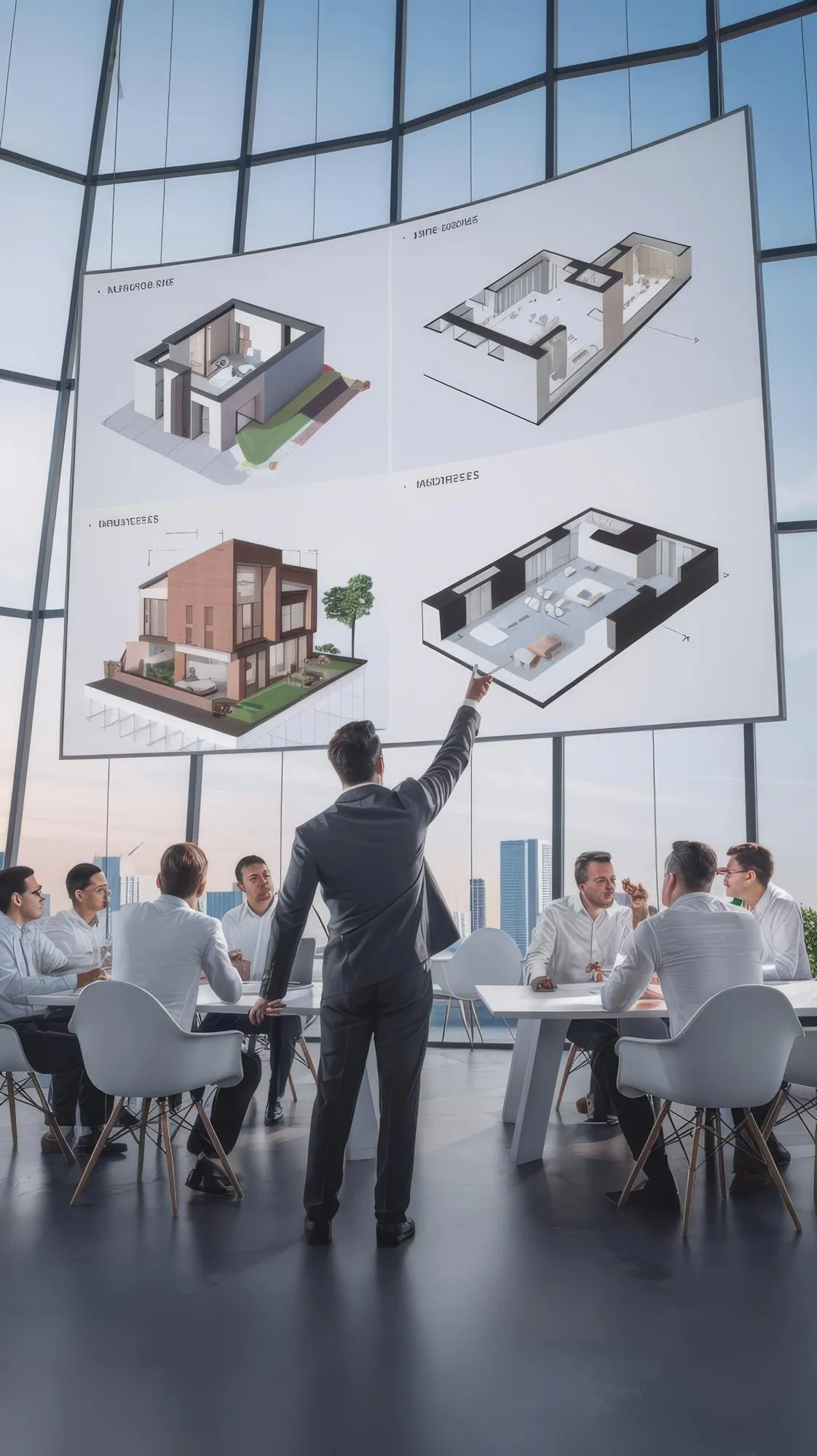 Architect presenting multiple photorealistic render options